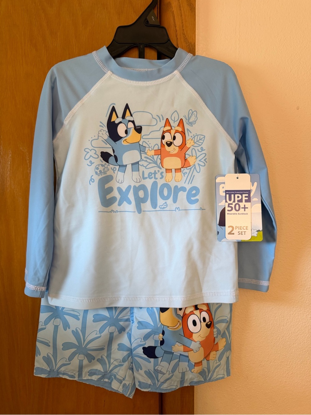 Light Blue "Let's Explore" Kids 2-Piece Rash Guard Swimsuit Set with UPF 50+